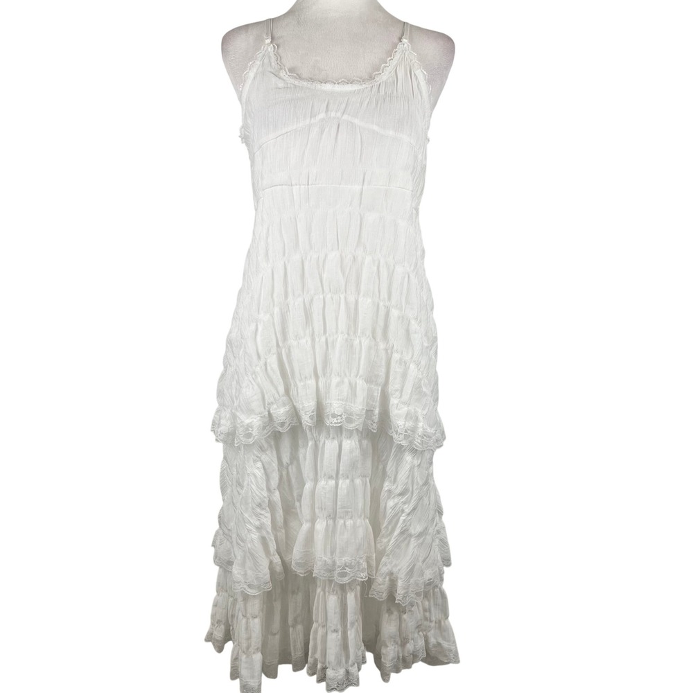 White Boho Cottage Lace Layers Frilly Midi Dress Medium Tiered Ruffle Romantic